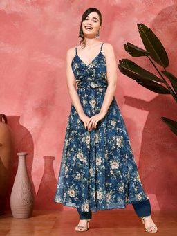 Gahan - Teal Georgette Floral Print Anarkali Kurta with Pant