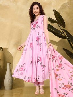 Gahan - Pink Organza Floral Printed A Line Anarkali Kurta with Pant & Dupatta