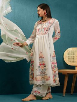 Gahan - Off White Georgette Mirror Work Embroidered Kurta with Palazzo & Dupatta