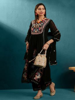 Gahan - Black Georgette Mirror Work Embroidered Kurta with Palazzo & Dupatta