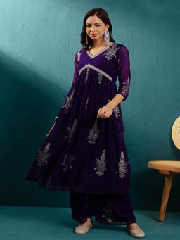 Gahan - Purple Milky Georgette Zari Embroidered Foil Alia Cut Kurta with Palazzo