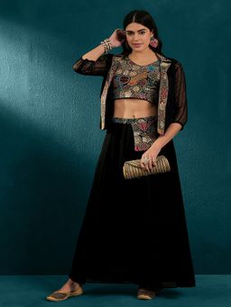 Gahan - Black Georgette Zari Sequence Embroidered Crop Top with Palazzo & Shrug