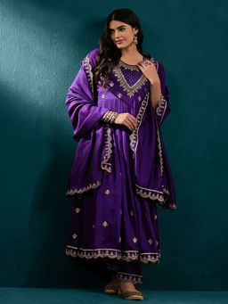 Gahan - Purple Zari Sequence Zardosi Hand Embroidered Anarkali Kurta with Pant & Dupatta