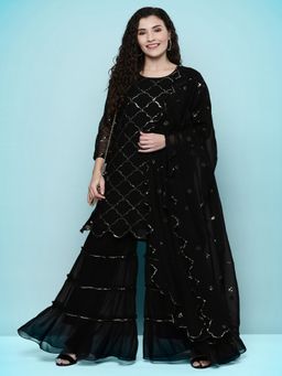 Gahan - Black Georgette Sequence Kurta with Sharara & Dupatta