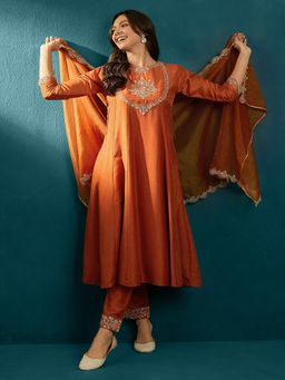 Gahan - Orange Zari Sequence Embroidered Anarkali Kurta with Pant & Dupatta