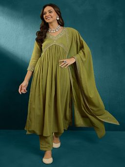 Gahan - Green Milky Zari Sequence Embroidered Alia Cut Kurta with Pant & Dupatta