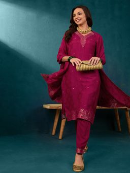 Gahan - Burgundy Vichitra Jacquard Kurta with Pant & Dupatta