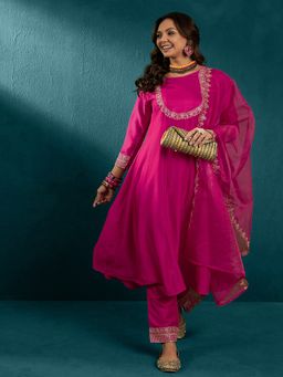 Gahan - Rani Pink Zari Sequence Embroidered A Line Anarkali Kurta with Pant & Dupatta
