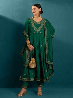 Gahan - Green Zari Sequence Zardosi Embroidered Anarkali Kurta with Pant & Dupatta