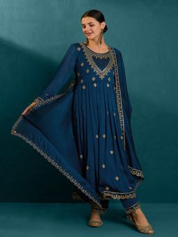Gahan - Teal Zari Sequence Zardosi Embroidered Anarkali Kurta with Pant & Dupatta