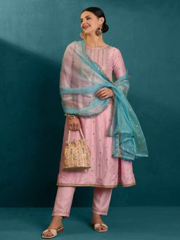 Gahan - Light Pink Zari Sequence Embroidered Anarkali Kurta with Pant & Dupatta