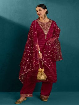 Gahan - Rani Satin Zari Sequence Embroidery Foil Print Kurta with Pant & Dupatta