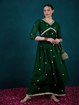Gahan - Green Milky Georgette Zari Sequence Embroidered Alia Cut Kurta with Palazzo