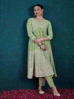 Gahan - Pista Green Georgette Sequence Embroidered A Line Anarkali Kurta with Pant