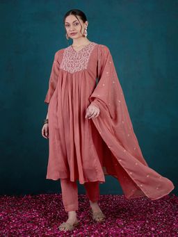 Gahan - Dark Peach Milky Thread Zari Embroidery Kurta with Pant & Dupatta