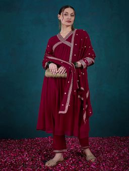 Gahan - Maroon Zari Sequence Embroidered A Line Anarkali Kurta with Pant & Dupatta
