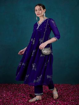 Gahan - Royal Blue Milky Zari Embroidery Foil Printed Alia Cut Kurta with Pant