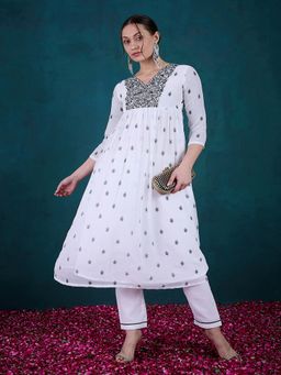 Gahan - White Milky Zari Sequence Embroidery Print Kurta with Pant