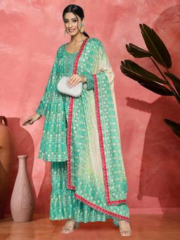 Gahan - Sky Blue Floral Printed Mirror Work Flared Kurta with Sharara & Dupatta
