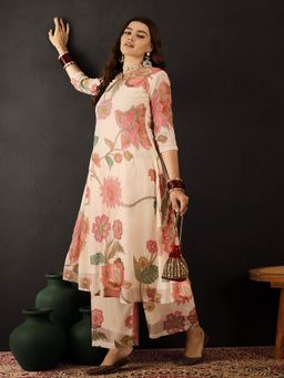 Gahan - Off White Zari Sequence Embroidered Floral Printed Kurta with Palazzo