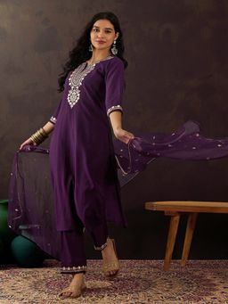 Gahan - Magenta Zari Sequence Mirror Work Embroidered Kurta with Pant & Dupatta