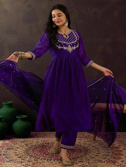 Gahan - Purple Vichitra Zari Sequence Embroidered Anarkali Kurta with Pant & Dupatta