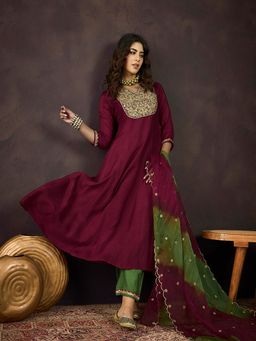 Gahan - Maroon Zari Sequence Embroidered A Line Anarkali Kurta with Pant & Dupatta