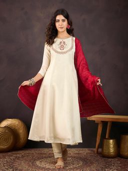 Gahan - Cream Zari Sequence Embroidered Anarkali Kurta with Pant & Dupatta