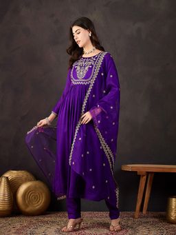 Gahan - Purple Zari Sequence Embroidered Anarkali Kurta with Pant & Dupatta