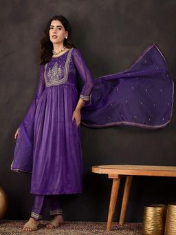Gahan - Purple Silk Zari Sequence Embroidered Anarkali Kurta with Pant & Dupatta