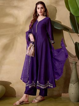 Gahan - Purple Zari Sequence Embroidered Anarkali Kurta with Pant & Dupatta