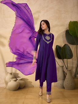Gahan - Purple Zari Sequence Embroidered Anarkali Kurta with Pant & Dupatta