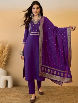 Gahan - Purple Silk Blend Zari Thread Embroidery Straight Kurta with Pant & Dupatta