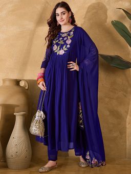 Gahan - Royal Blue Zomato Thread Embroidered Anarkali Kurta with Pant & Dupatta
