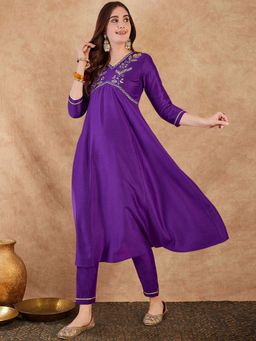 Gahan - Purple Silk Blend Zari Sequence Embroidered Alia Cut Kurta with Pant