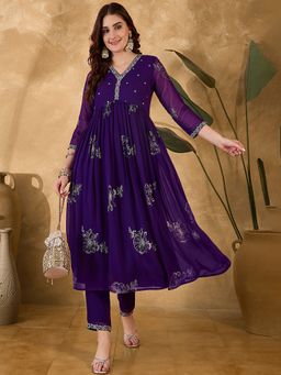 Gahan - Purple Milky Zari Sequence Embroidery Foil Printed Alia Cut Kurta with Pant