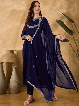 Gahan - Royal Blue Zari Sequence Embroidered Anarkali Kurta with Pant & Dupatta