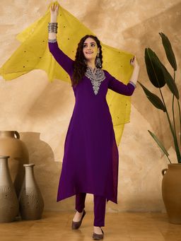 Gahan - Purple Silk Zari Sequence Embroidered Kurta with Pant & Dupatta