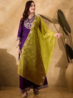 Gahan - Purple Zari Sequin Embroidered Kurta with Flared Palazzo & Dupatta