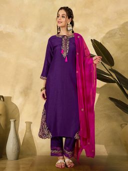 Gahan - Purple Zari Sequence Embroidery Patch Work Kurta with Pant and Dupatta