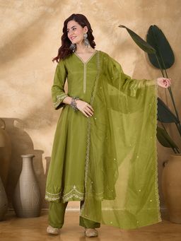 Gahan - Parrot Green Zari Sequence Embroidered Anarkali Kurta with Pant & Dupatta