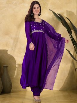 Gahan - Purple Vichitra Zari Sequence Embroidered Anarkali Kurta with Pant & Dupatta
