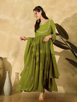 Gahan - Green Georgette Zari Sequence Embroidery Anarkali Kurta with Pant & Dupatta