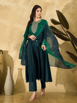 Gahan - Green Silk Zari Sequence Embroidered Anarkali Kurta with Pant & Dupatta