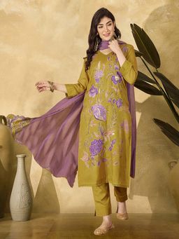 Gahan - Green Zari Sequin Embroidered Schiffli Lace Position Print Kurta with Pant & Dupatta