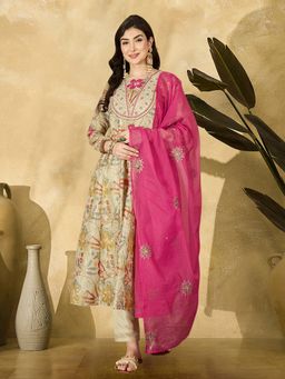 Gahan - Off White Zari Sequence Embroidered Position Print Anarkali Kurta with Pant & Dupatta