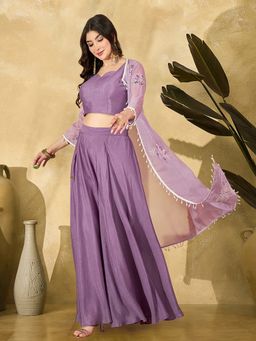 Gahan - Lavender Zari Sequence Thread Embroidered Lace Blouse with Palazzo & Shrug