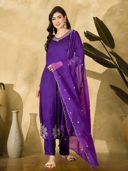 Gahan - Purple Zari Sequence Thread Embroiderd Anarkali Kurta with Pant & Dupatta