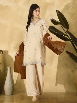 Gahan - Off White Zari Sequence Thread Embroidered Kurta with Palazzo & Dupatta