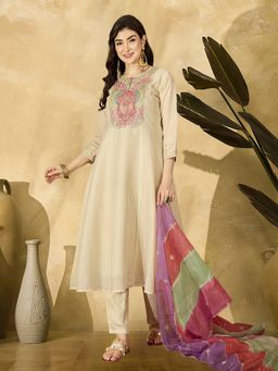 Gahan - Off White Zari Sequence Thread Embroidered Anarkali Kurta with Pant & Dupatta